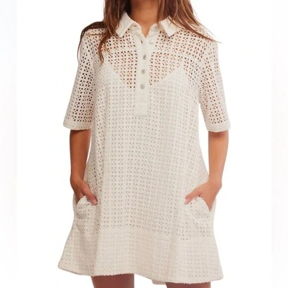 Free People White Eyelets Lace Short Sleeve Collared Mini Dress - Picture 1 of 3